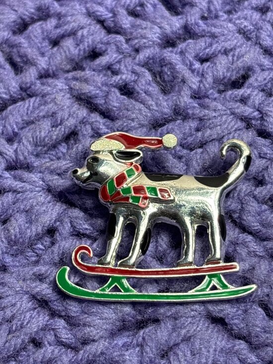 Jewelry - Skiing Dog Brooch 1 7/8" Silvertone Enamel